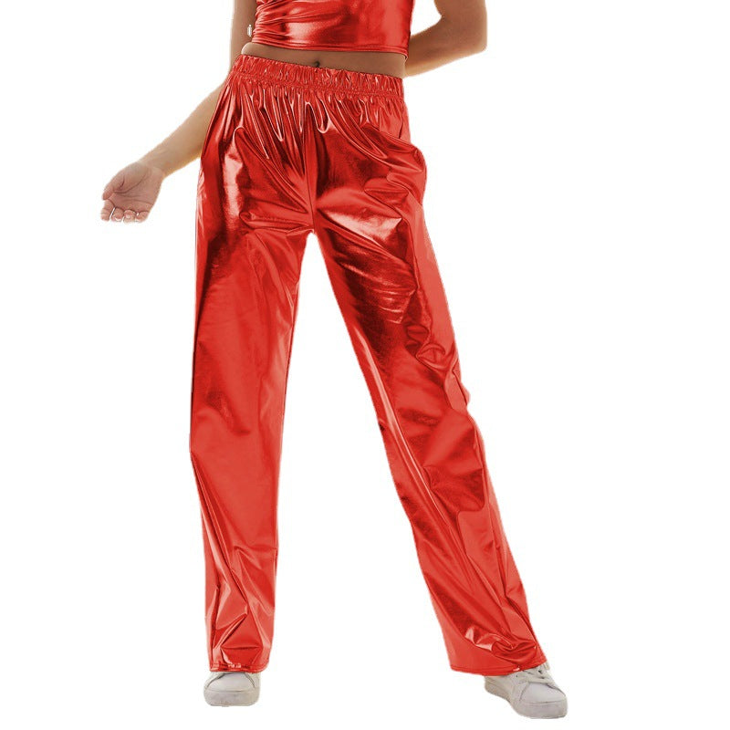 Metallic Coated Fabric Casual Pants Women High Street Design Aurora Laser Gradient High Waist Straight Pants All Matching Elastic Mop Pants Bella Mia
