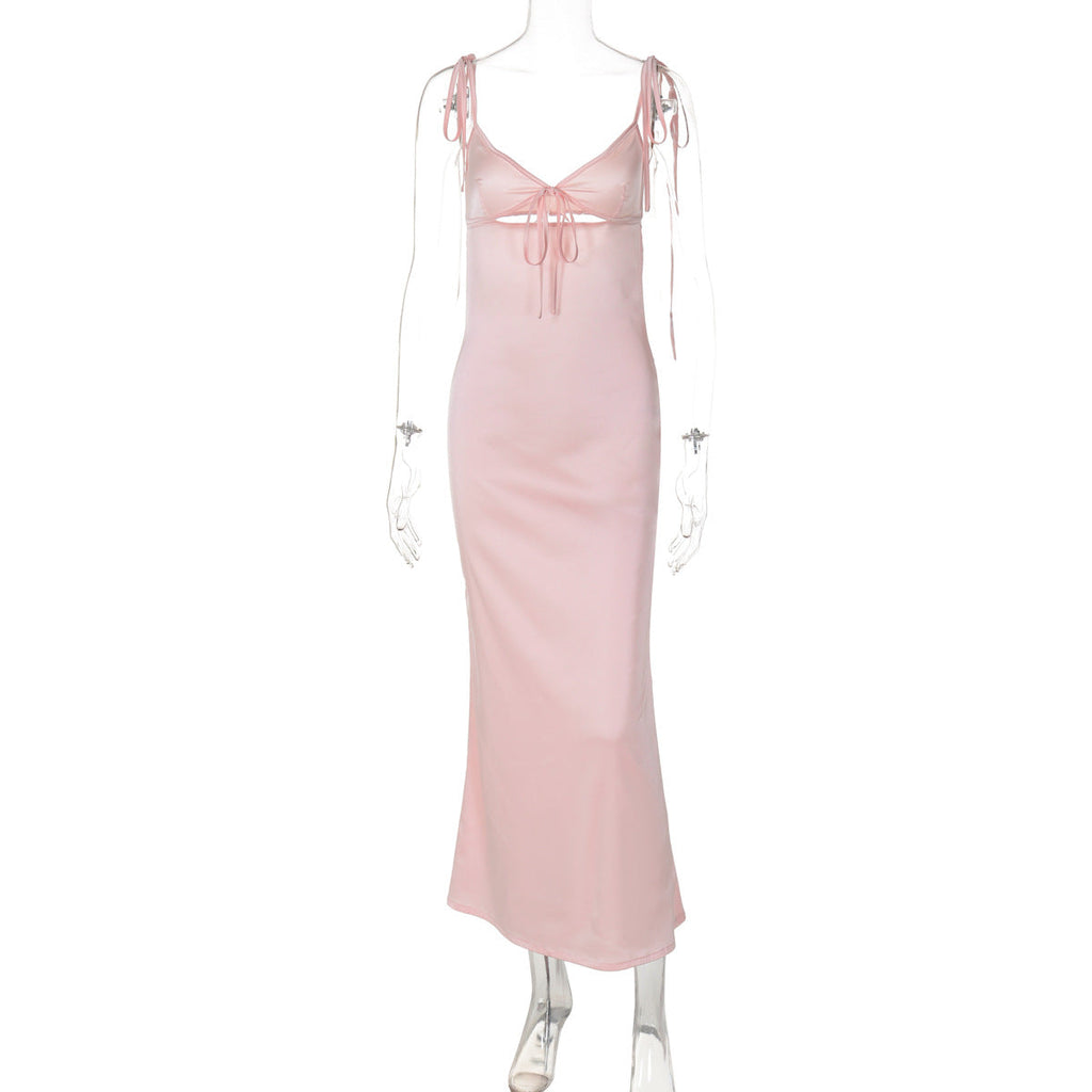 Summer Sexy V neck Lace Strap Satin Dress Sleeveless Self Tie Dress Women Bella Mia