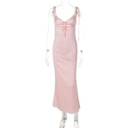 Summer Sexy V neck Lace Strap Satin Dress Sleeveless Self Tie Dress Women Bella Mia