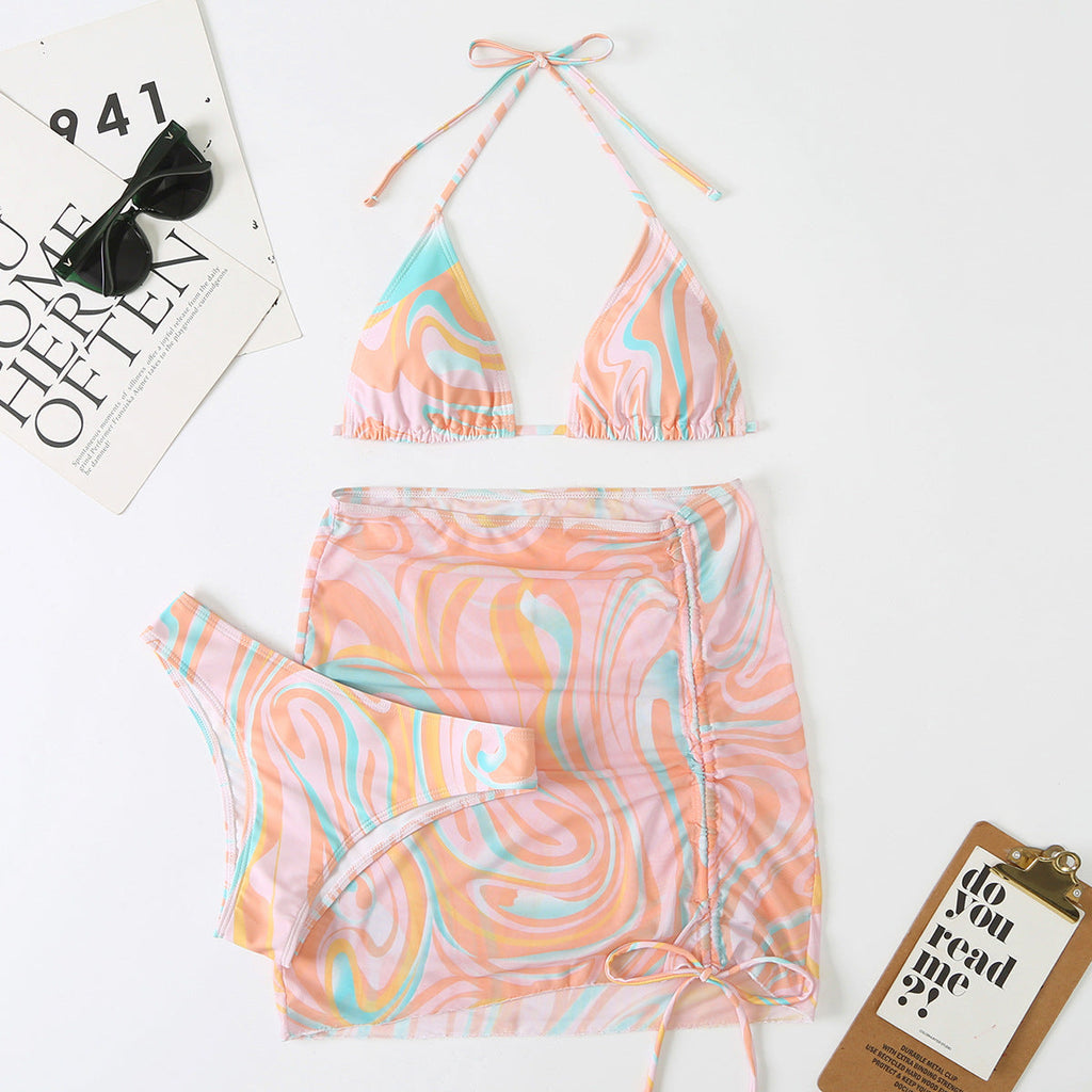 Women Swimsuit Women Split Three Piece Skirt Striped Bikini