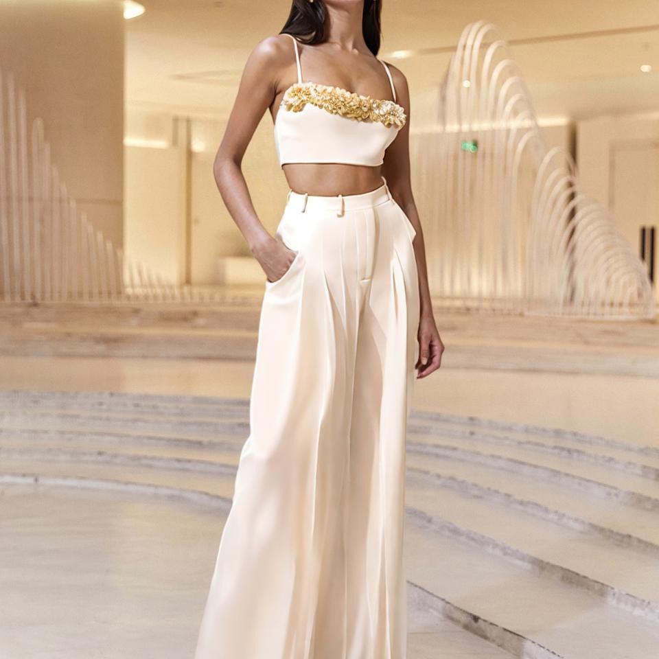Spring Slim Fit High Grade Slim Sexy White Beautiful High Waist Wide Leg Women Two Piece Sets Bella Mia