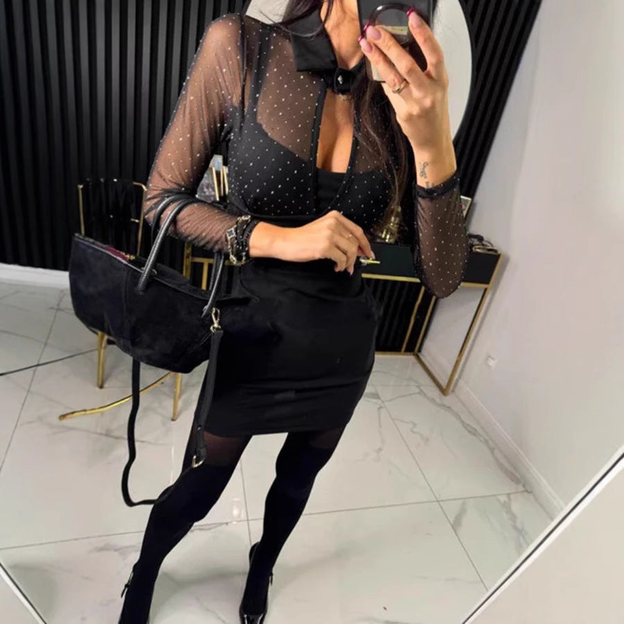 Spring Autumn Faux Two Piece Hip Bag Dress Casual Party Drilling Dress Women Bella Mia