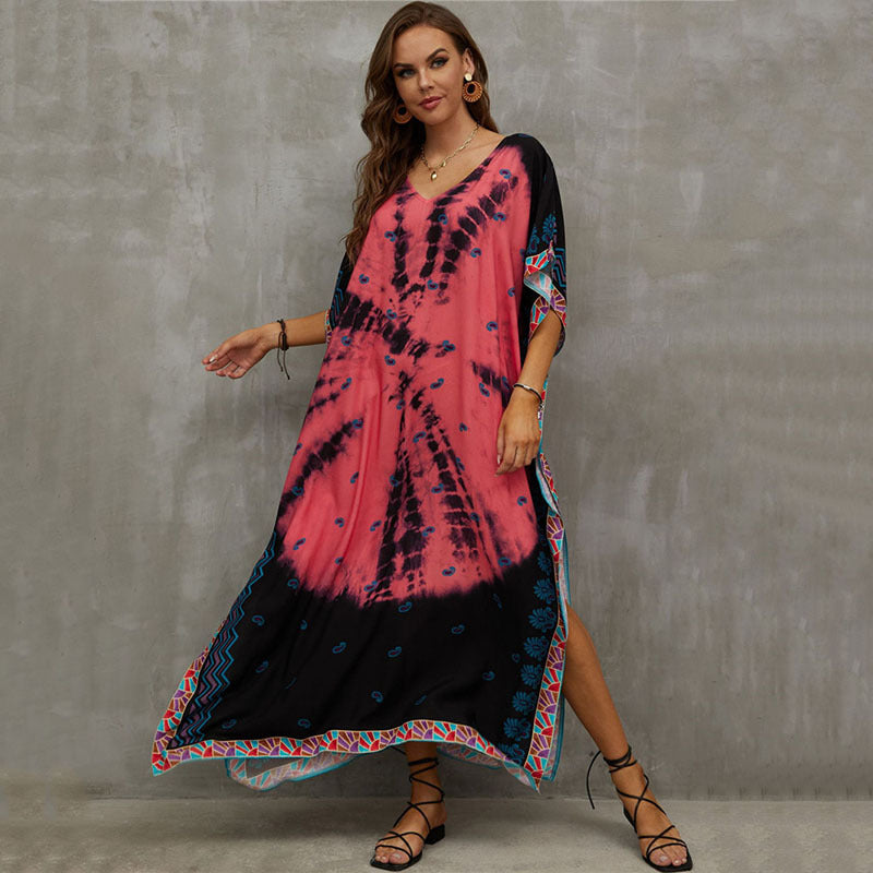Rayon Positioning Printing Beach Cover Up V Neck Robe Vacation Skirt Bikini Cover Bella Mia
