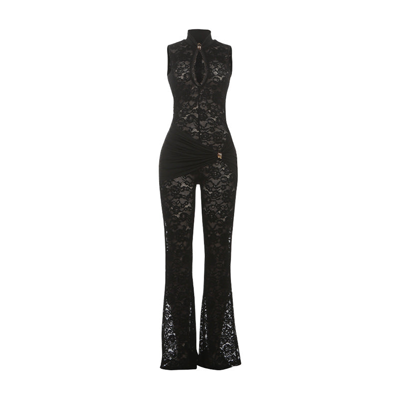 Autumn Winter Women Lace Stitching Sleeveless Sexy High Waist Slim Fit Micro Pull Jumpsuit Bella Mia