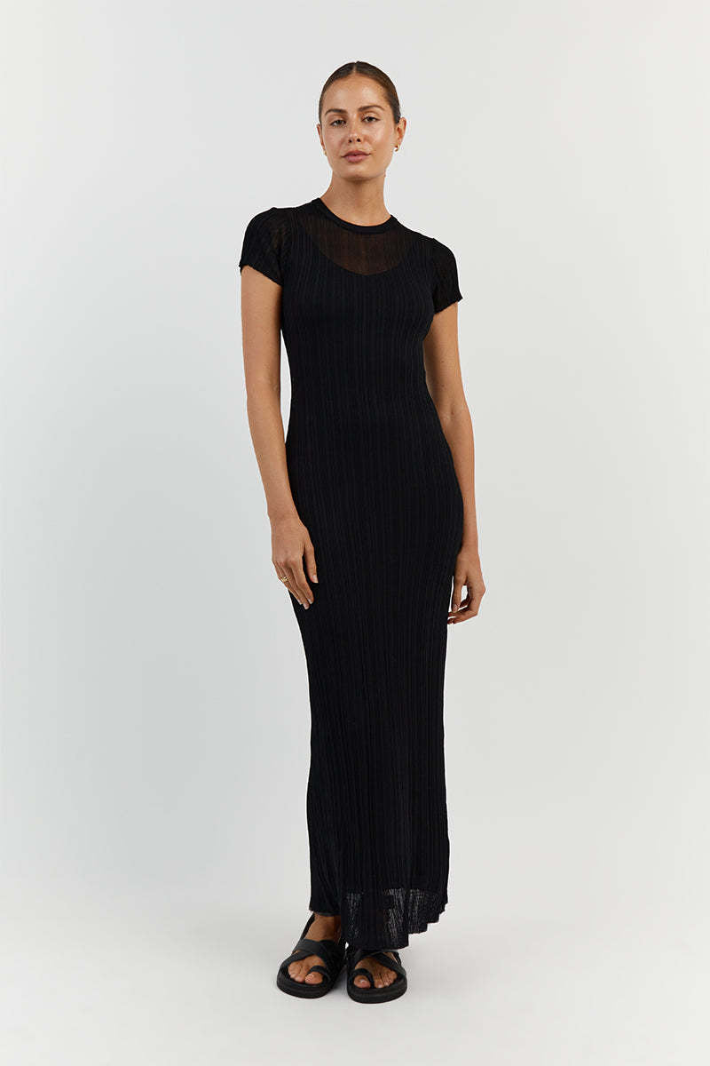 See Through Knitted Dress Casual Waist Tight Round Neck Big Pit Stripe Slimming Knitted Maxi Dress Women Bella Mia