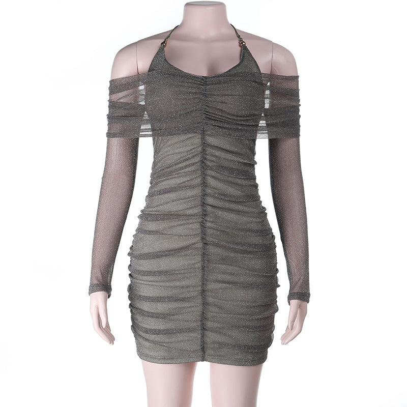 Autumn Winter Evening Dress Sexy Tube Top Halter Mesh Thin Glittering Hip Dress Bella Mia