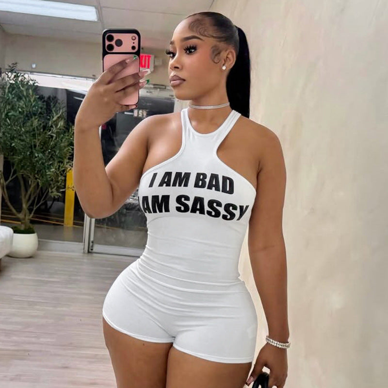 Women Clothing Autumn Sexy Letter Graphic Screen Printed Sleeveless Vest Slim Fit Short Romper