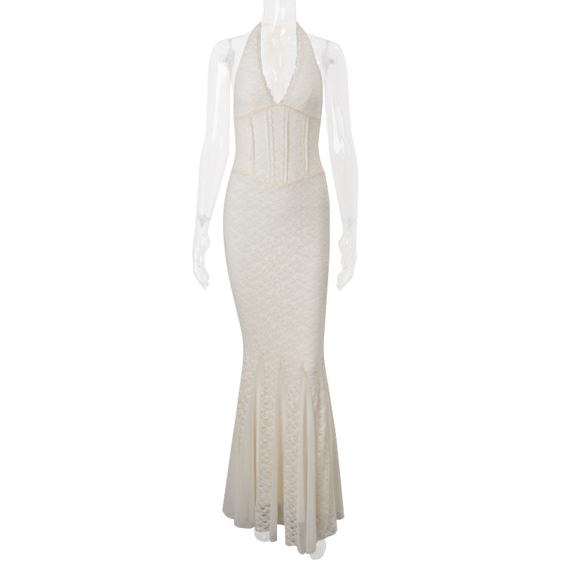 Women Clothing Summer French Sexy Solid Color High Waist Slim Hanging Neck Dress Bella Mia