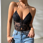 Lace Deep V Plunge Off The Shoulder Strap See Through Sleeveless Jumpsuit Bella Mia