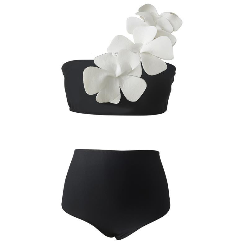 Solid Color One Shoulder Three Dimensional Floral Design Split Women Bikini Swimsuit Bella Mia