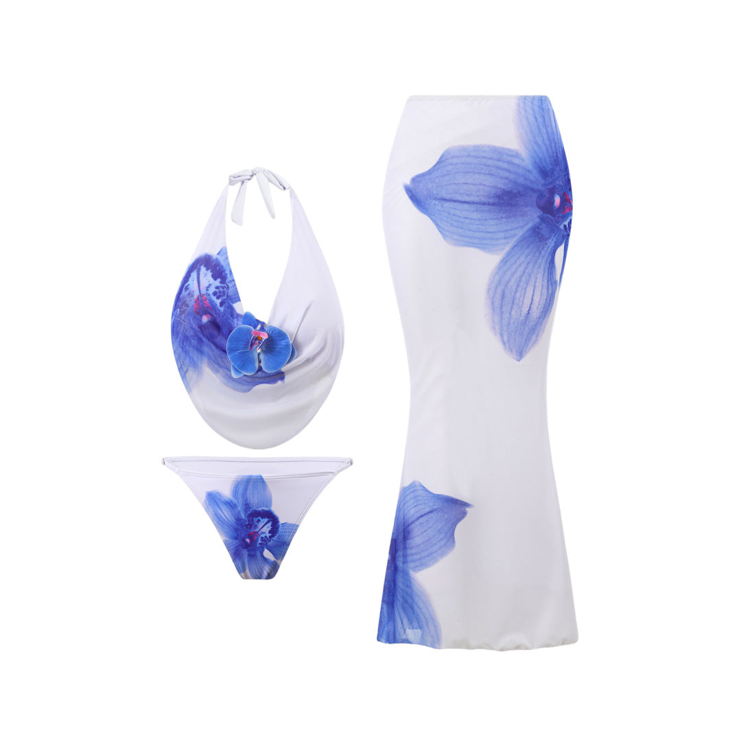 Bikini Mesh Floral Print Three Piece Skirt Sunscreen Swimsuit Women Bella Mia
