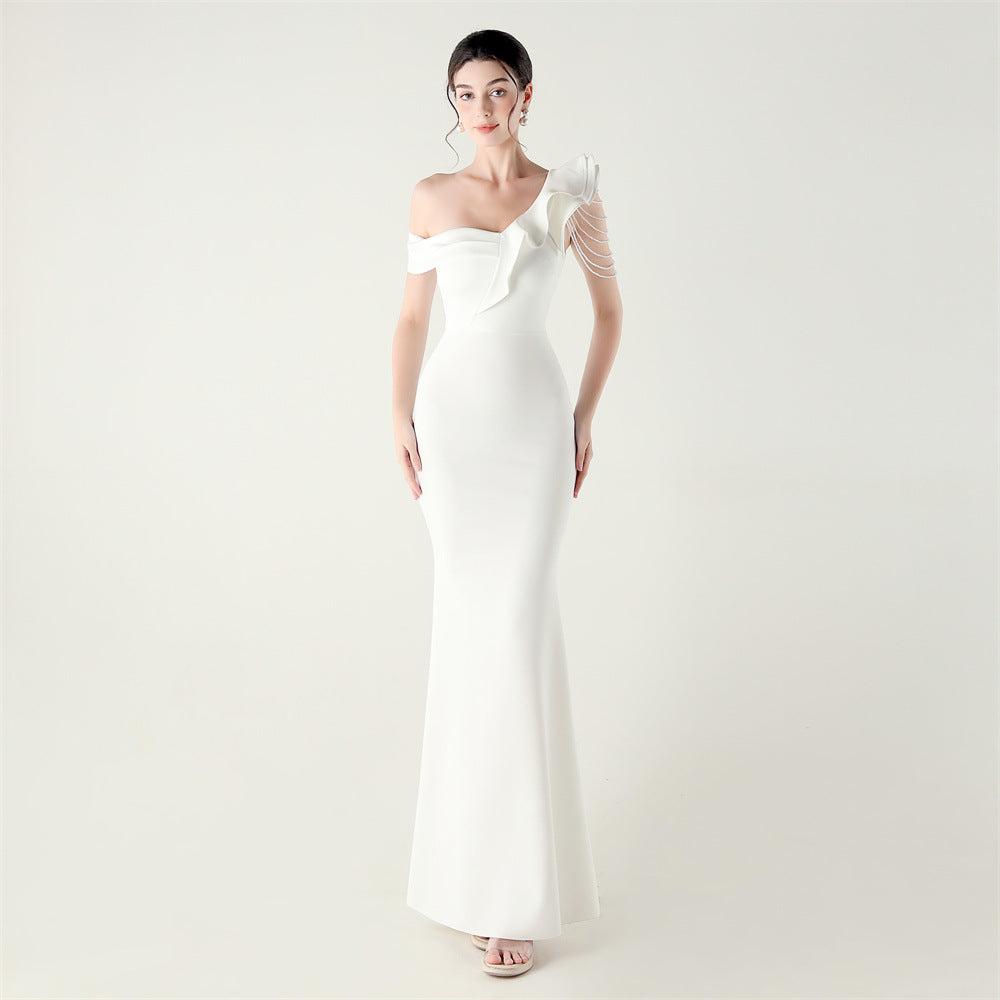 Ruffled One Shoulder Heavy Industry Beads String Slim Fit Satin Fishtail Evening Dress Wedding Red Carpet Cocktail Dress Bella Mia
