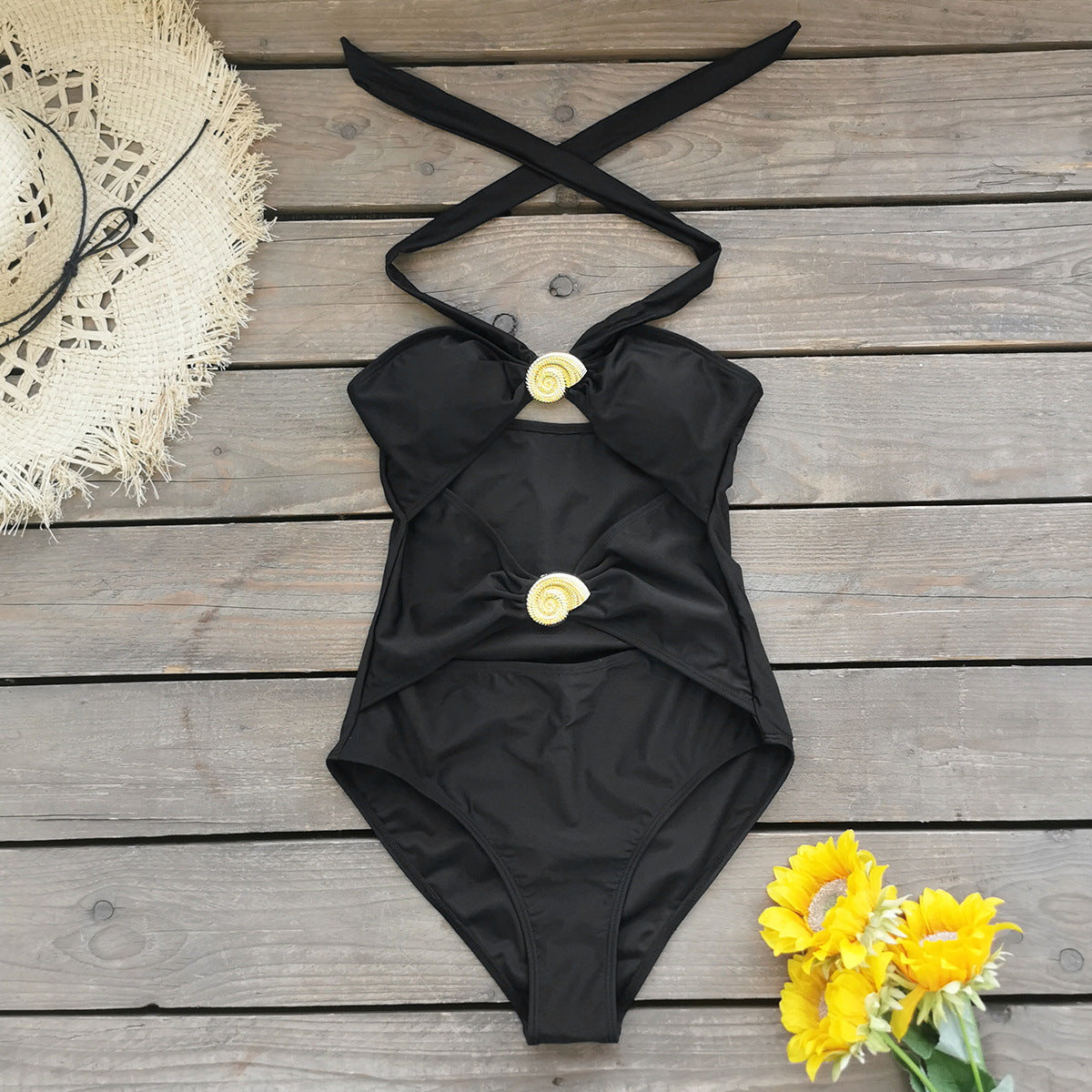 Sexy Tube Top Hollow Out Cutout out Pure Black Halter One Piece Swimsuit for Women One Piece Swimsuit Bella Mia