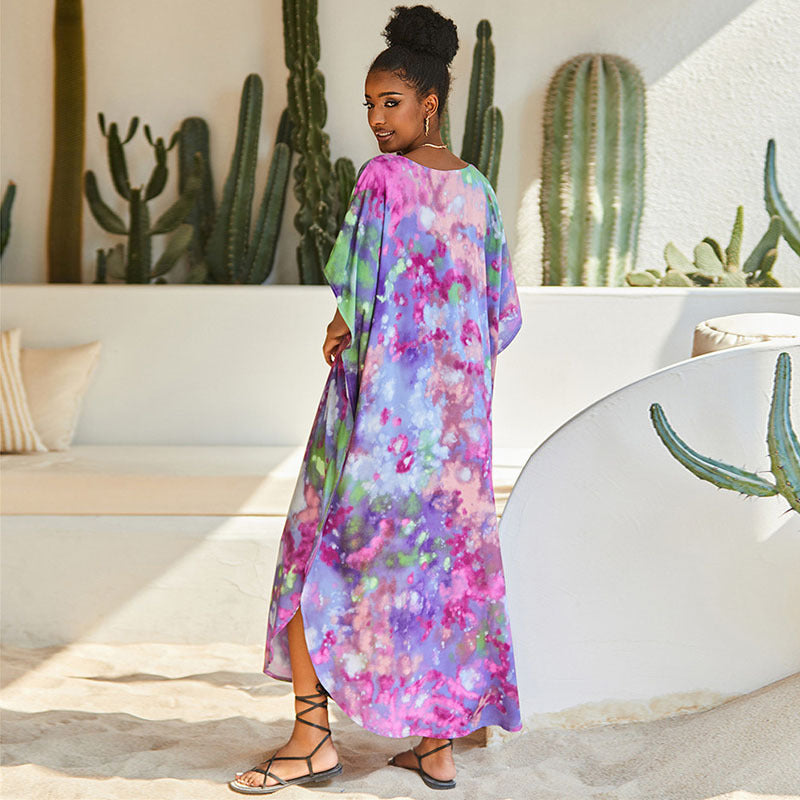 Rayon Purple Printed Beach Cover up Vacation Maxi Dress Robe Beach Cover Up Bella Mia