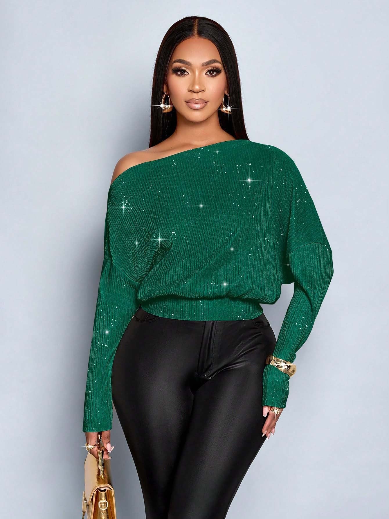 Sloping Shoulder off the Shoulder Sequ Loose Fitting Batwing Sleeve Waist Tight Sweater