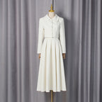 Spring Elegant Pleated Slim Maxi Dress Solid Color Beaded Collared Long Sleeve Two Piece Sets Women Bella Mia