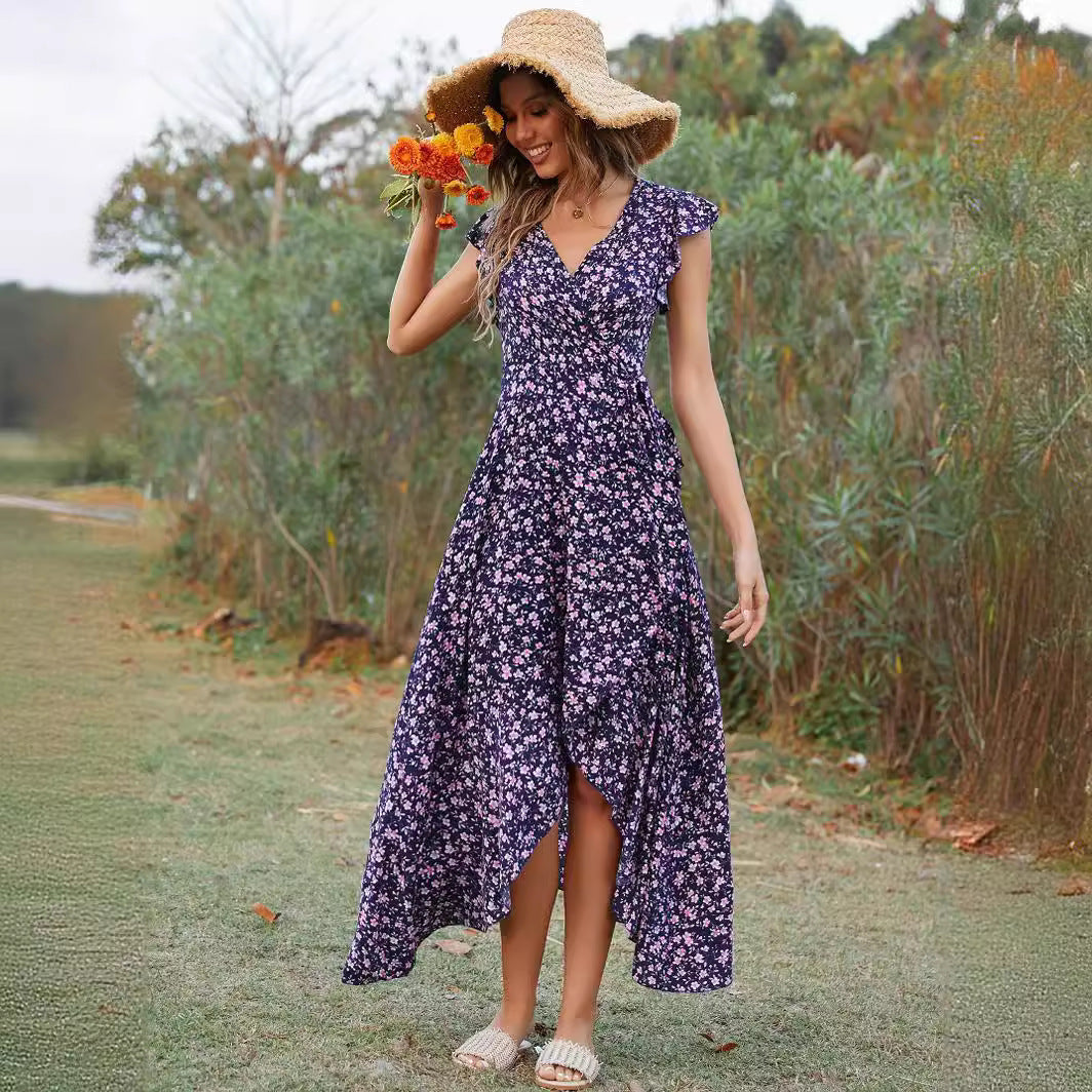 V neck Bohemian Vacation Slim Fit Tied Dress Bella Mia