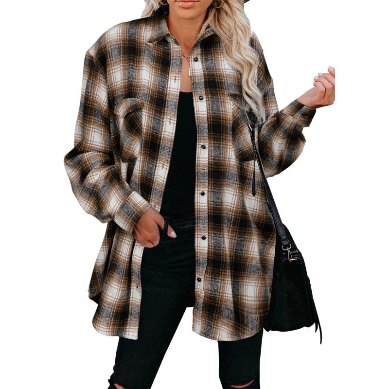 Women Clothing Autumn Winter Plaid Shirt Mid-Length Loose Lapels Cardigan Shirt Bella Mia