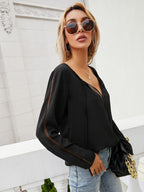 Fall Women Clothing Simple Elegant Sexy Cutout Lace Stitching V neck Top Women Bella Mia