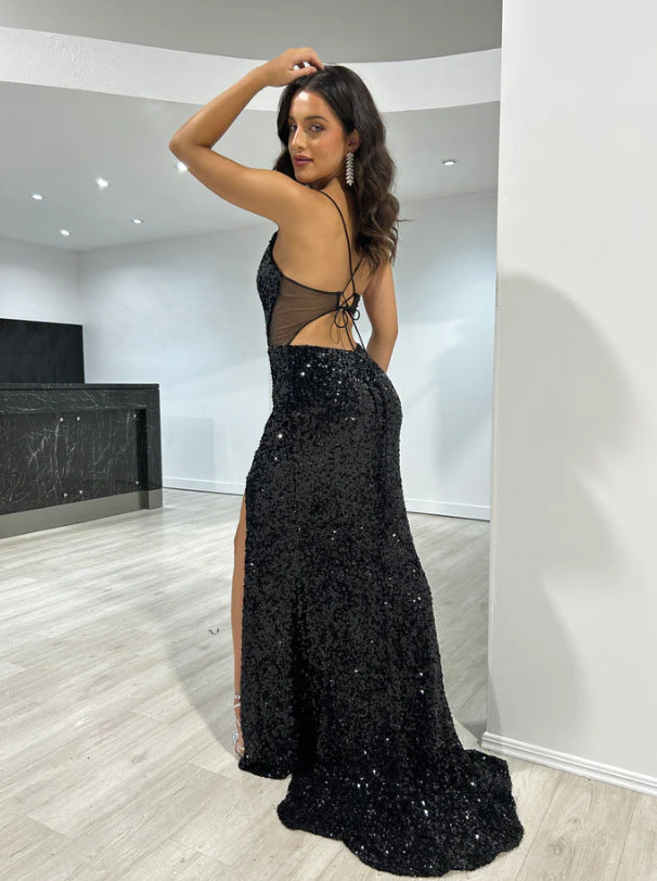 Sequined Split Sexy Sling Dress Waist Controlled Cocktail Dress Slim Fit Maxi Dress Bella Mia