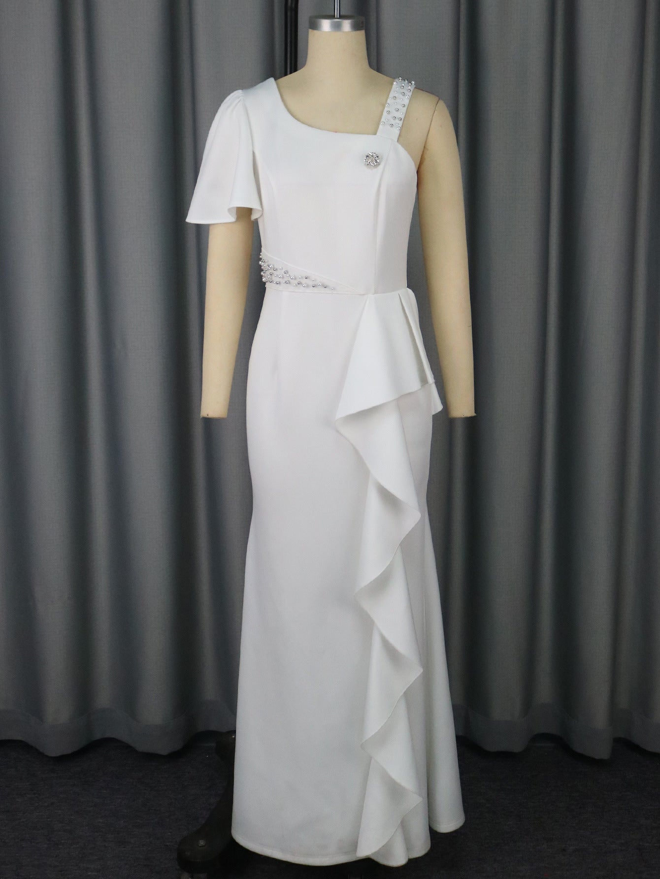 Unique One Shoulder Beaded Sling Party Dress Lotus Lining Cocktail Sheath Dress Bella Mia
