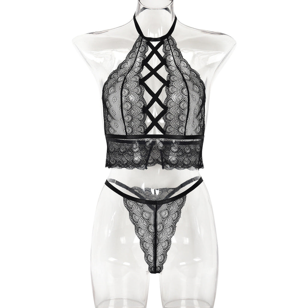 Women Clothing Thin Lace Sexy Cross Hollow Out Cutout Sexy Two Piece Set Bella Mia