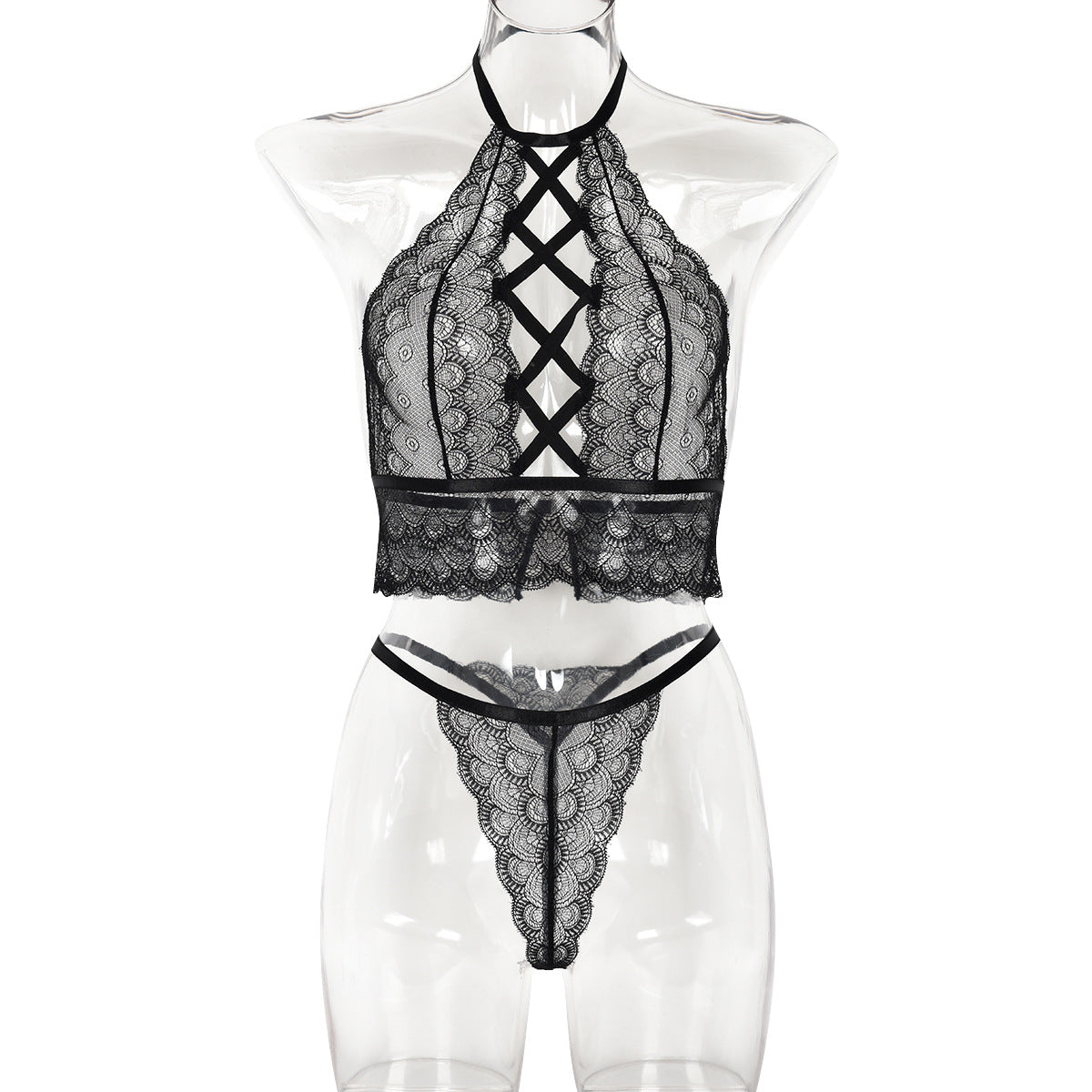 Women Clothing Thin Lace Sexy Cross Hollow Out Cutout Sexy Two Piece Set Bella Mia
