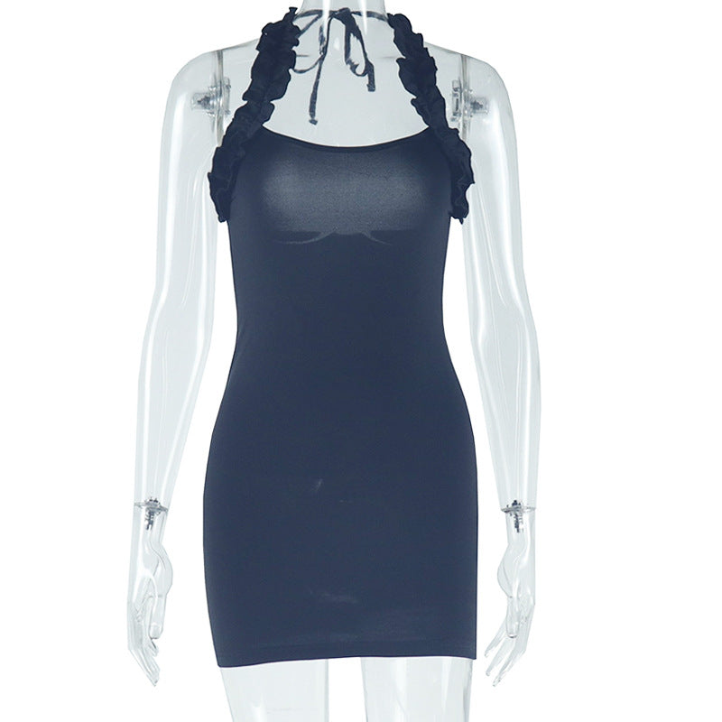 Women Clothing Solid Color Dress Sexy Ruffles Spaghetti Straps Sleeveless Backless Hip Bella Mia