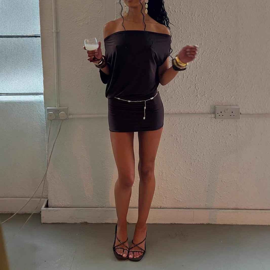 Sexy Solid Color Women Clothing Sexy Tube Top Irregular Asymmetric Shoulder Sleeve Short Slim Sheath Dress Women Bella Mia