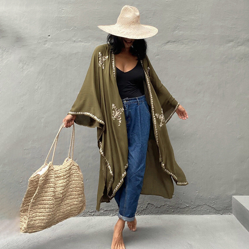 Rayon Embroidered Loose Long Cardigan Beach Sun Protection Coat Beach Cover Up Swimsuit Outwear Women Bella Mia
