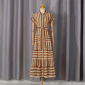 Vintage Vertical Striped Shirt Dress Polo Collar Single Breasted Lace up Waist Dress