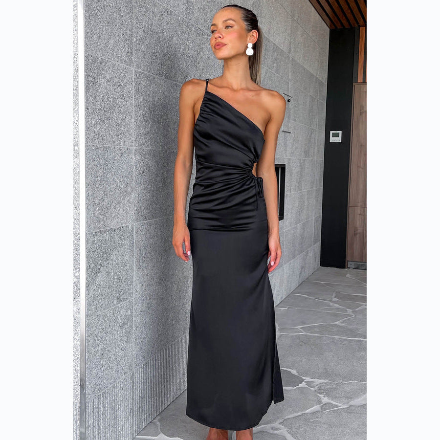 Summer Satin Sexy Oblique Shoulder Strap Dress Bella Mia