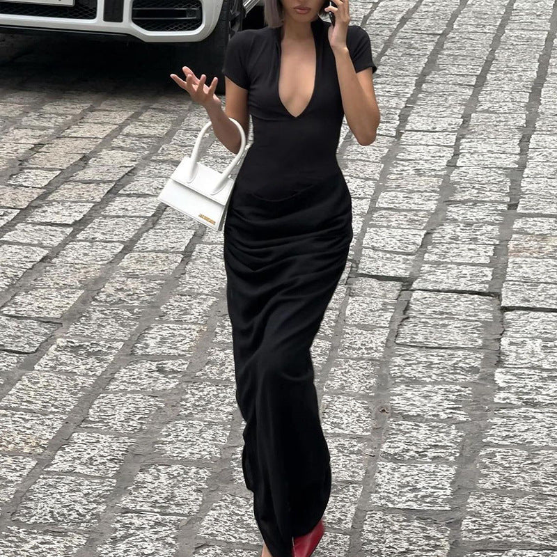 Winter Women Clothing Sexy Deep V Plunge Short Sleeve Solid Color Sexy Pleated Maxi Dress Bella Mia