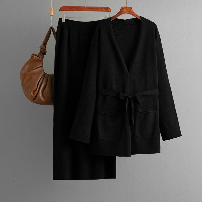 Women Autumn Winter V neck Loose Knitted Lace up Cardigan Skirt Two Piece Set Bella Mia