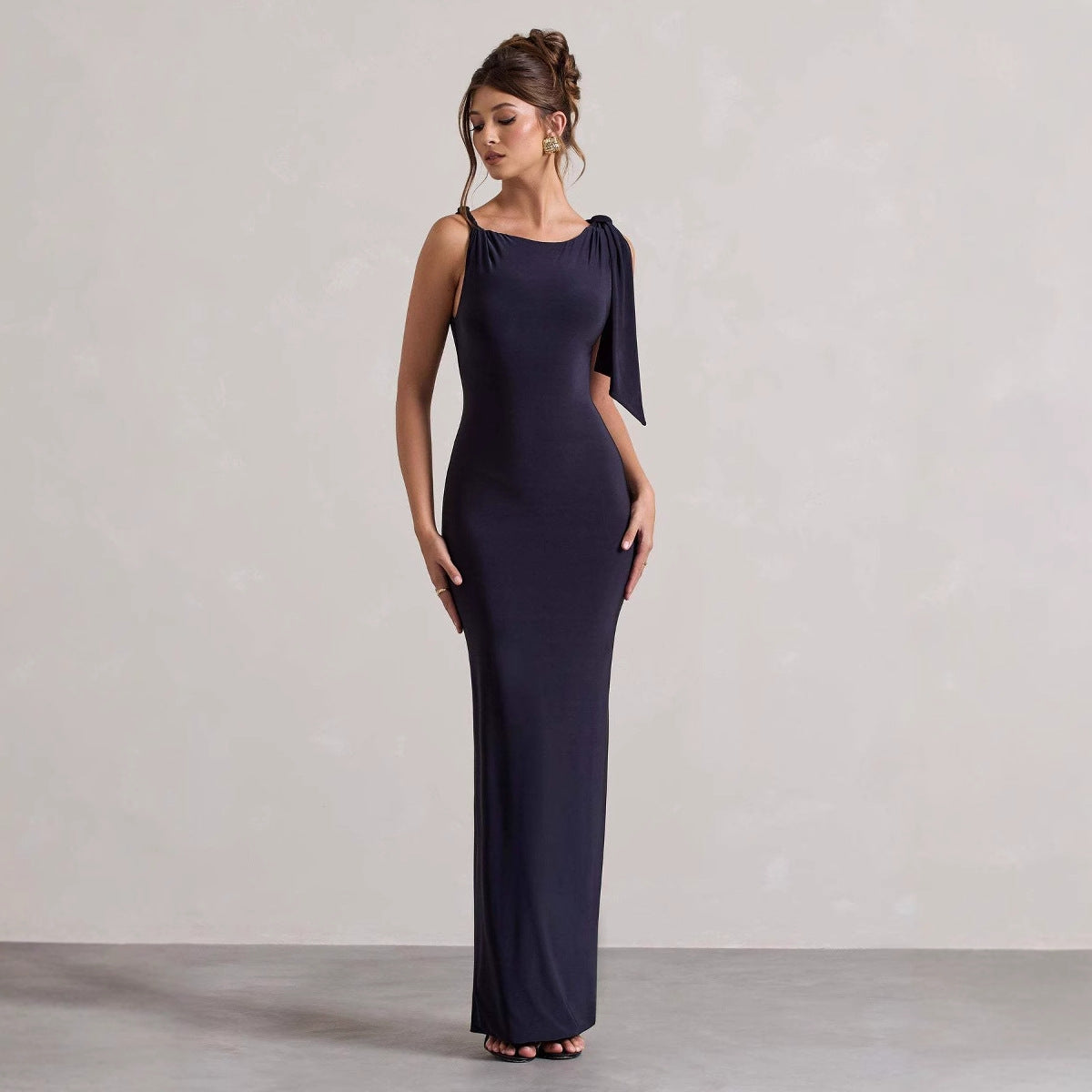 Women Wear Summer Single Shoulder Ribbon Solid Color Dress Bella Mia
