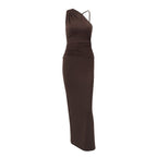 Women Clothing Summer Sexy Slant Shoulder High Waist Slim Fit Slimming Solid Color Sheath Dress Bella Mia