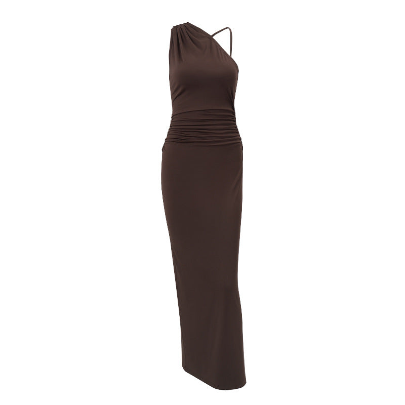 Women Clothing Summer Sexy Slant Shoulder High Waist Slim Fit Slimming Solid Color Sheath Dress Bella Mia