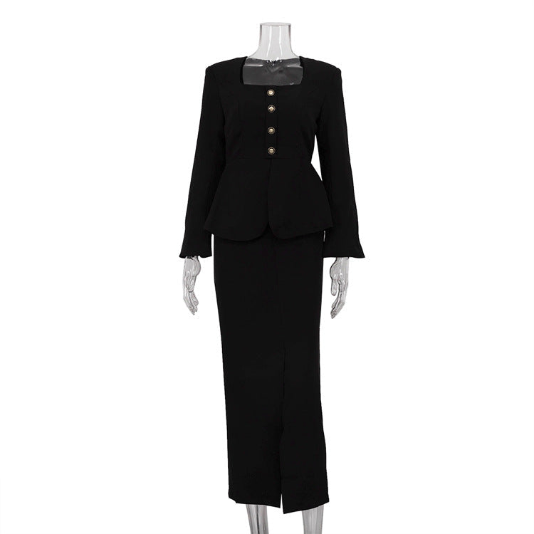 Women Square Collar Long Sleeve Cardigan Top Package Hip Skirt Two Piece Set Bella Mia