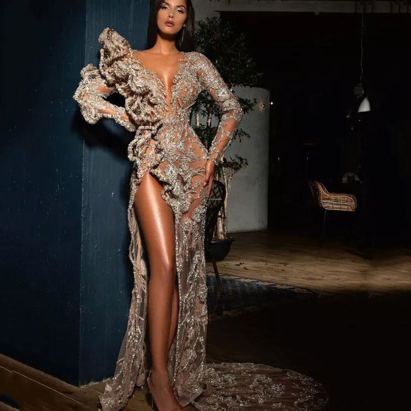 Women Clothing Dress Long Sleeved Trailing V neck Asymmetric Gold Cocktail Dress Bella Mia
