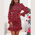 Summer Elegant Printed Ruffle Design Long Sleeve Dress Stand Collar Ruffle Hip Dress Bella Mia