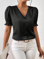 Satin V neck Buttons Shirt Spring Autumn French Casual Short Sleeve Ruffle Blouse Bella Mia