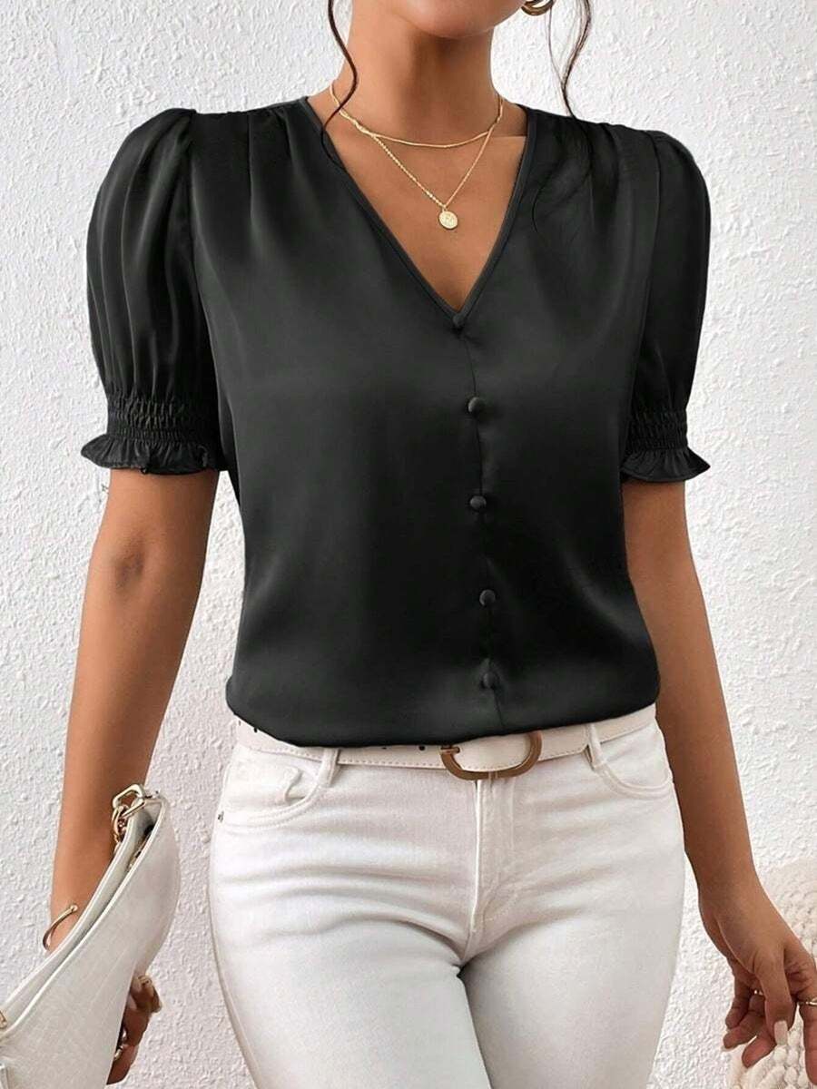Satin V neck Buttons Shirt Spring Autumn French Casual Short Sleeve Ruffle Blouse Bella Mia