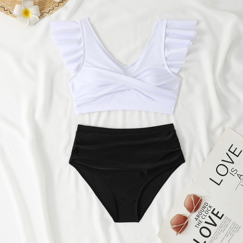 Split Swimsuit Slim Fit V Collar Contrast Color Ruffled Stitching Women Swimsuit Bikini Bella Mia