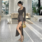Autumn Sexy Maxi Dress Fashionable Elegant Slim Fit Lace up Long Sleeve Dress Women Bella Mia