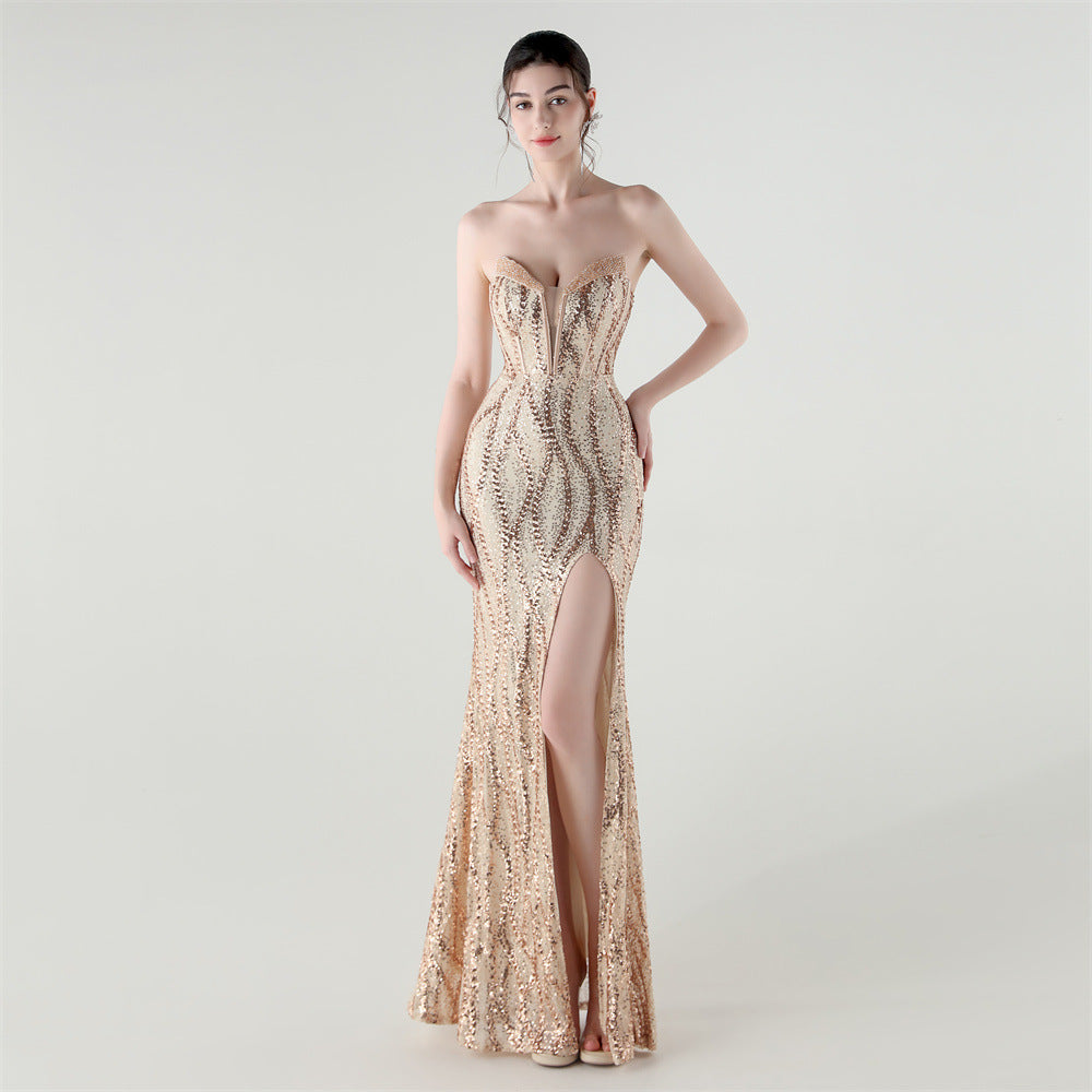 Boning Corset Waist Tight Heavy Industry Beads Heart Shaped Collar Sequined Evening Dress Luxury Cocktail Evening Dress Bella Mia
