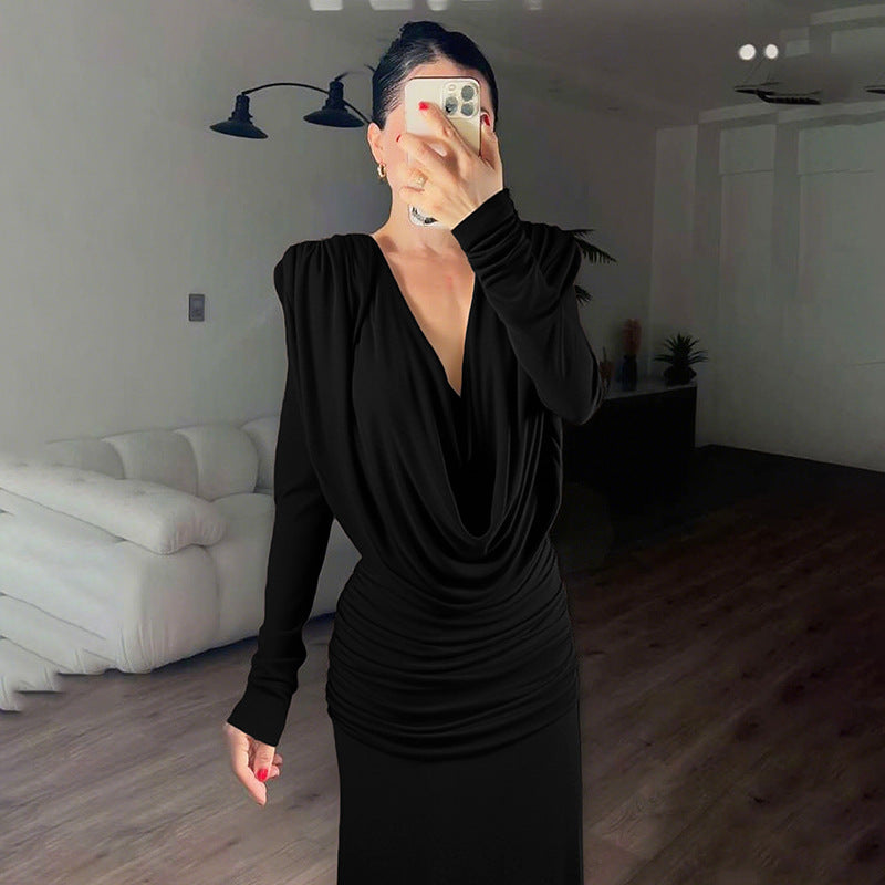 Fall Women Clothing Sexy Backless Swing Collar Slim Pleated Solid Color Long Sleeve Dress Bella Mia