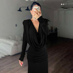 Fall Women Clothing Sexy Backless Swing Collar Slim Pleated Solid Color Long Sleeve Dress Bella Mia