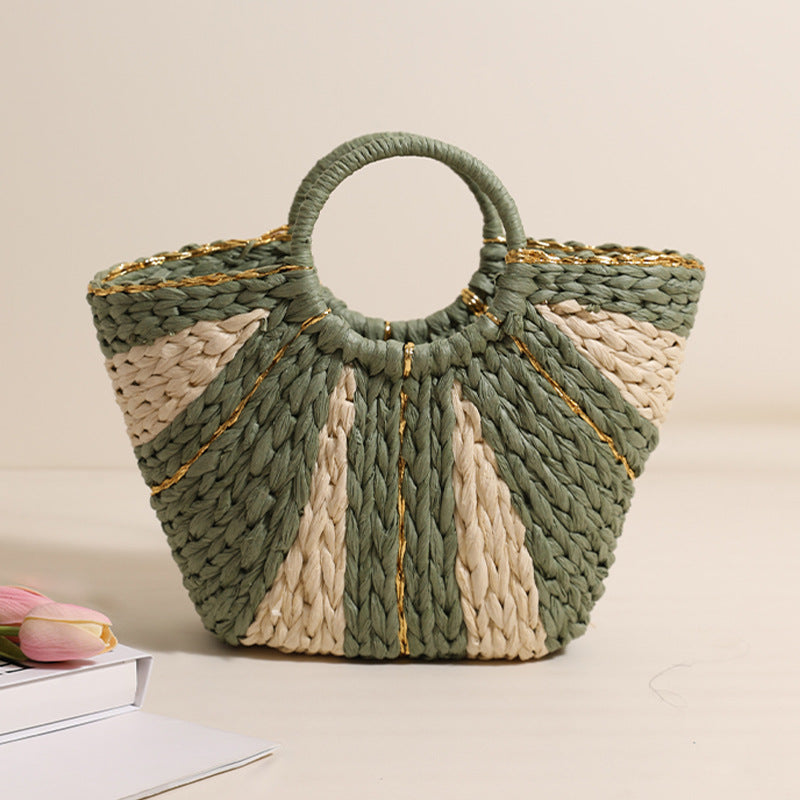 Pastoral Large Capacity Portable Straw-Weaved Bag Contrast Color Hand Carrying Straw Bag Woven Bag Vacation Beach Bag Vegetable Basket Bella Mia