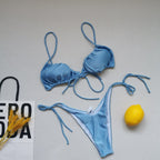 Sling Bandage Swimsuit Women Pleated Push up Drawstring Sexy Solid Color Bikini Swimsuit Bella Mia