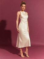 Women Clothing Trendy Summer Satin Dress Women Tall Sexy Hip Wrapped Satin Mid Length Bella Mia